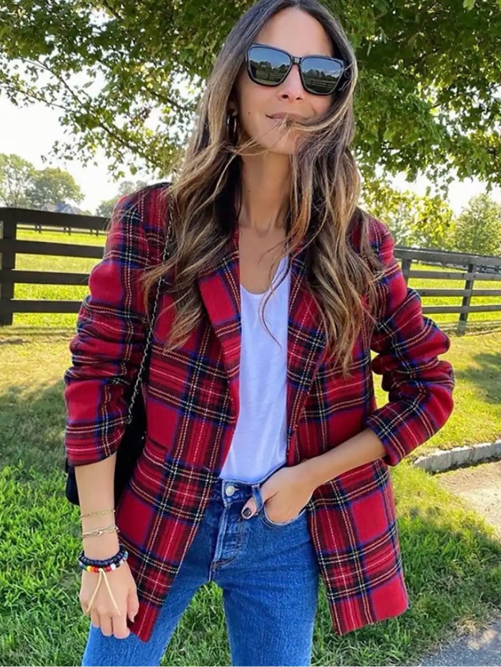 Something Navy Red Plaid Tailored Women's Blazer Jacket